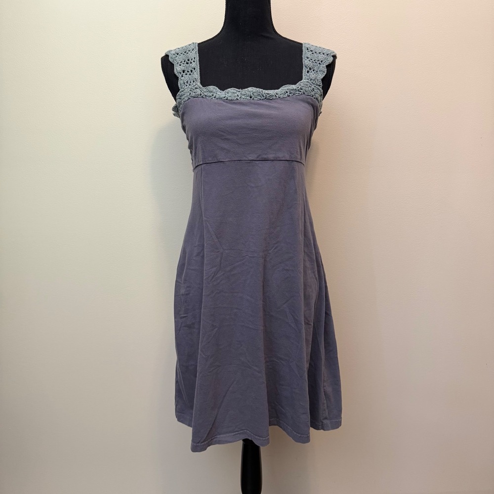Synergy Organic Cotton Crochet Trim Empire Waist Mini Dress Purple Gray Womens L